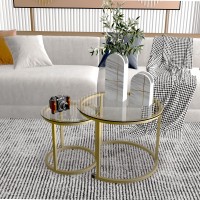 Aboxoo Gold Nesting Coffee Table Set Of 2 Small Glass Round Nesting Tables For Living Room Bedroom Accent Tea Table With Metal