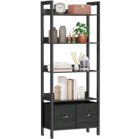 Furologee 5Tier Bookshelf Tall Bookcase With 2 Storage Drawers Industrial Display Standing Shelf Units Wood And Metal Storag