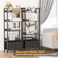 Furologee 5Tier Bookshelf Tall Bookcase With 2 Storage Drawers Industrial Display Standing Shelf Units Wood And Metal Storag