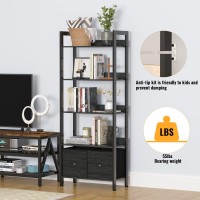 Furologee 5Tier Bookshelf Tall Bookcase With 2 Storage Drawers Industrial Display Standing Shelf Units Wood And Metal Storag