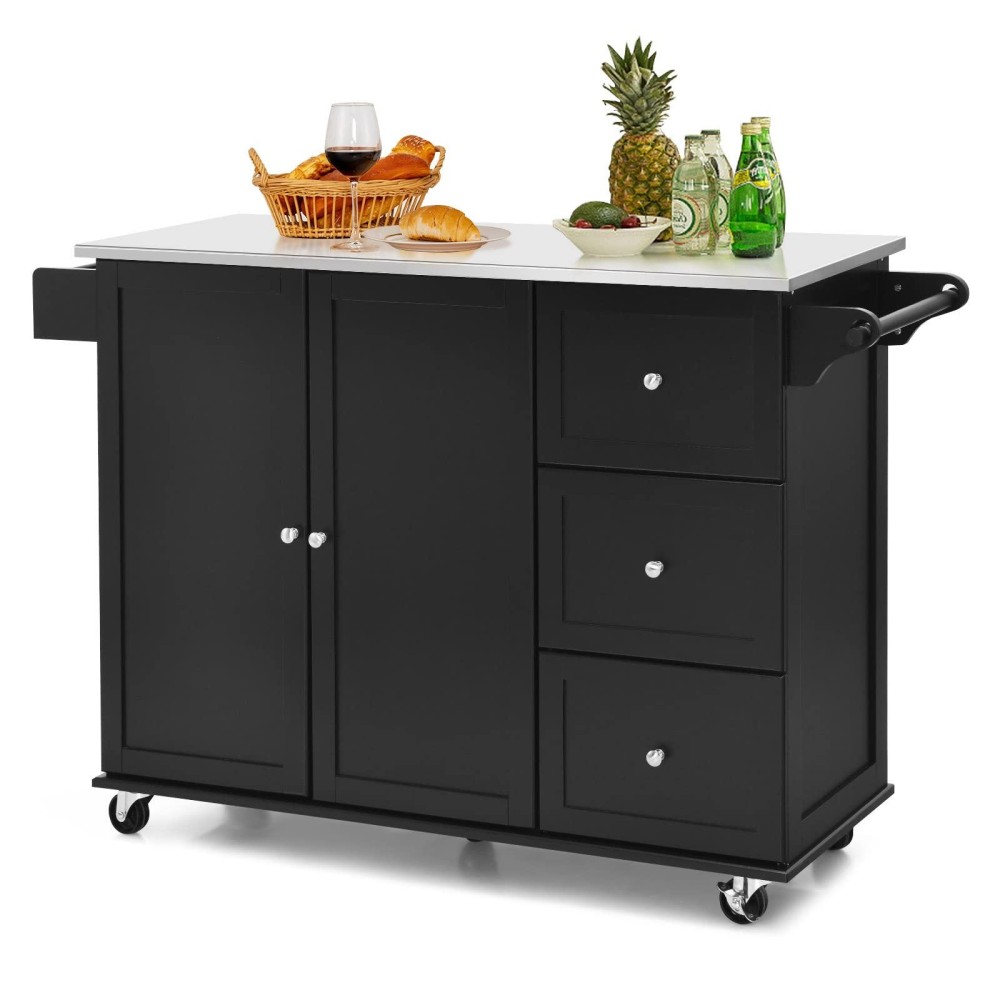 Goflame Kitchen Island Cart With Stainless Steep Top, Rolling Mobile Kitchen Island With Storage And Towel Rack, Kitchen Trolly Cart On Wheels For Dining Room, Kitchen, Restaurant (Black)