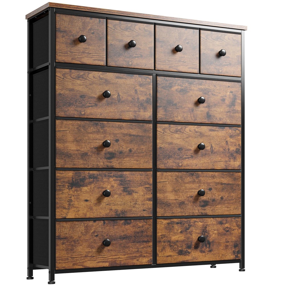 Enhomee Dresser, Dressers & Chests Of Drawers With12 Drawers Tall Dressers For Bedroom Chest Of Drawers Fabric Dresser For Bedroom, Closet, Living Room Wood Top Metal Frame Rustic Brown