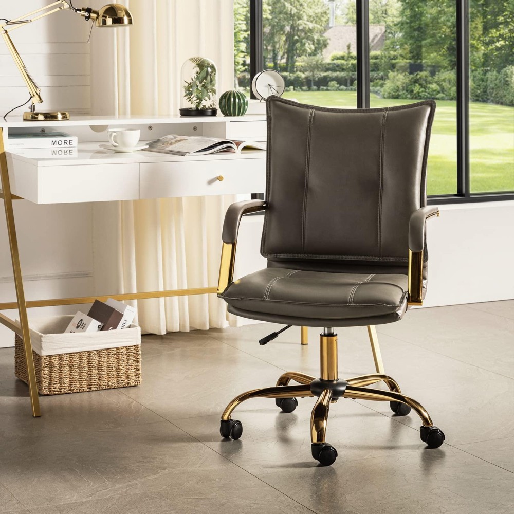 Hulala Home Faux Leather Home Office Desk Chair Adjustable Swivel Computer Chair With Golden Legs And Arms Comfy Upholstered T