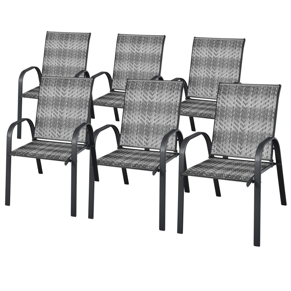 Happygrill Stackable Dining Chairs Set Of 6, Outdoor Pe Wicker Patio Arm Chairs With Rustproof Steel Frame, Stackable Bistro Deck Chairs For Backyard Garden And Poolside