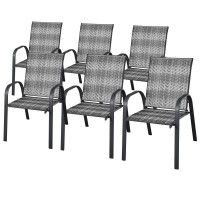 Happygrill Stackable Dining Chairs Set Of 6, Outdoor Pe Wicker Patio Arm Chairs With Rustproof Steel Frame, Stackable Bistro Deck Chairs For Backyard Garden And Poolside