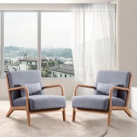 Inzoy Mid-Century Modern Accent Chair Set Of 2, Upholstered Living, Grey Room Chairs With Waist Cushion, Reading Armchair For Bedroom Sunroom
