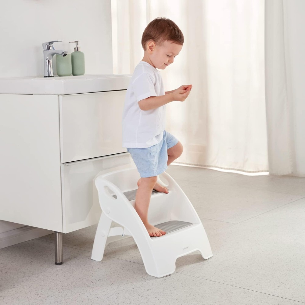 Step Stool For Kids, Toddler Step Stool For Bathroom Sink And Potty Training, Foldable And Integral Kitchen Helper 2-Step Stool With Handles And Slip-Resistant Soft Grips (Grey)