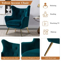 Hulala Home Velvet Accent Chair, Modern Wingback Arm Chair With Metal Gold Legs, Velvet Tufted Upholstered Single Sofa Chair For Living Room Bedroom, Dining Room Accent Club Guest Chair (Teal)
