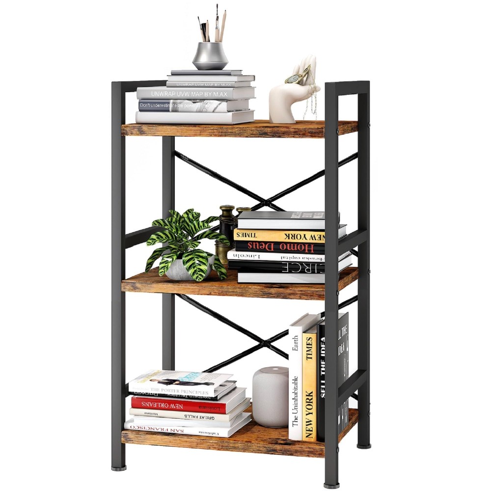 Homeiju Bookshelf 3 Tier Industrial Bookcase Metal Small Bookcase Rustic Etagere Book Shelf Storage Organizer For Living Room