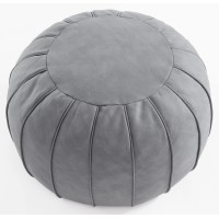 C Comfortland Round Ottoman Pouf (No Filler), Faux Leather Poofs, Ottomans Foot Rest, Floor Foot Stools, Unstuffed Bean Bag Poufs Cover With Storage For Living Room, Bedroom Beige White