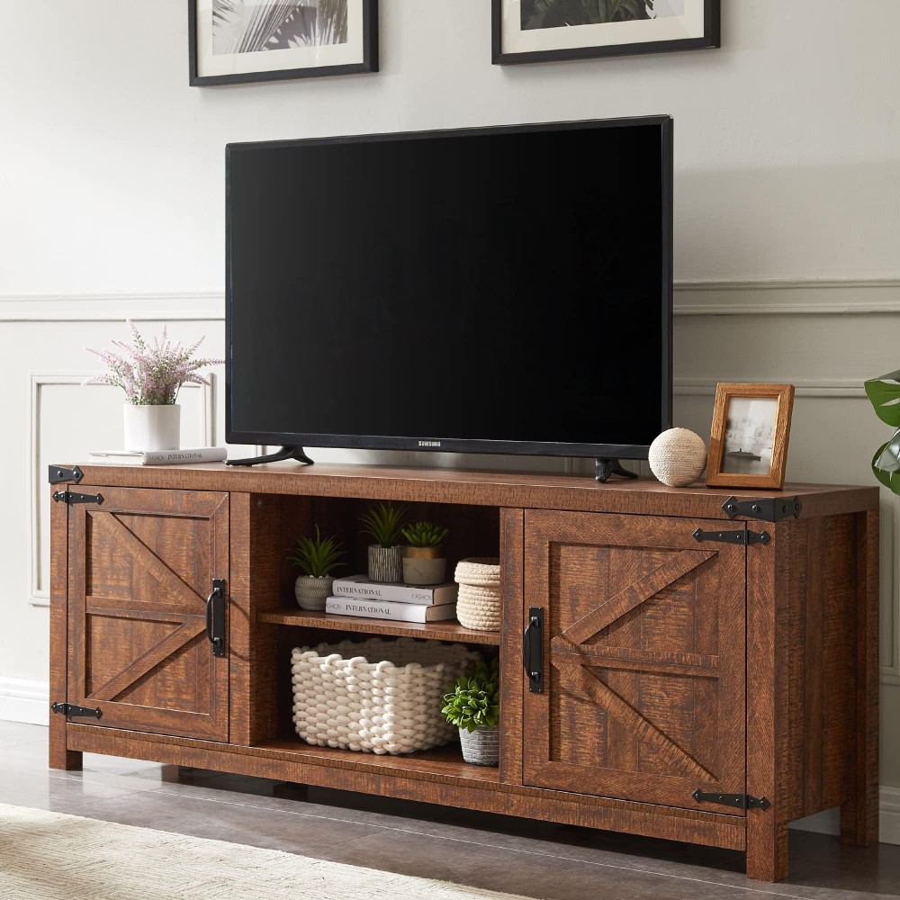 T4Tream Farmhouse Tv Stand For Tvs Up To 75 Inches, Wood Barn Door Media Television Console Table With Storage Cabinets, Easy Assembly Modern Entertainment Center For Living Room, Reclaimed Barnwood