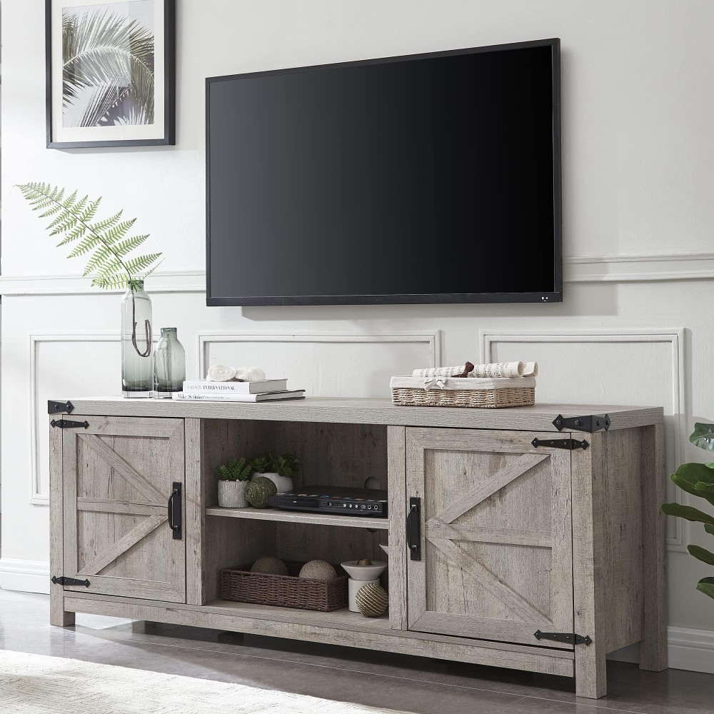 T4Tream Farmhouse Tv Stand For Tvs Up To 75 Inches, Wood Barn Door Media Television Console Table With Storage Cabinets, Easy Assembly Modern Entertainment Center For Living Room, Grey Wash