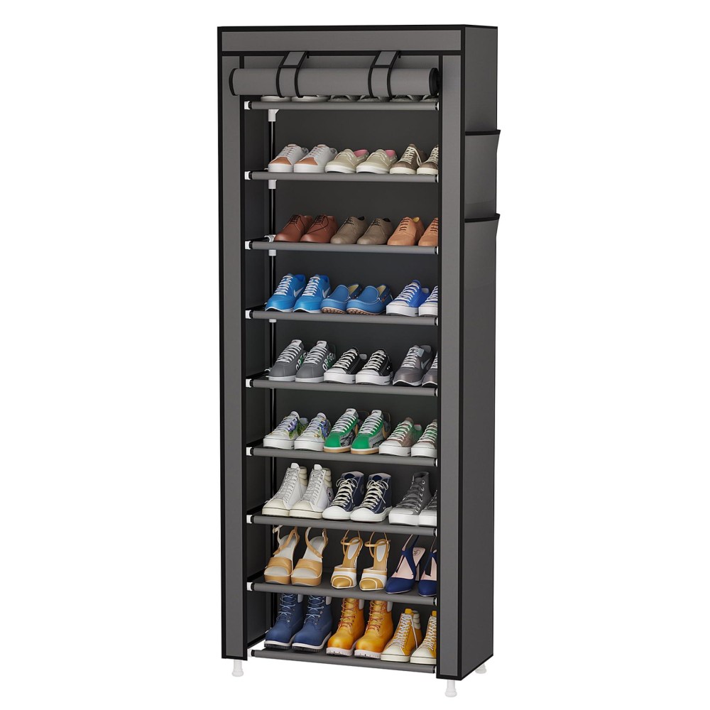 Calmootey 9 Tier Shoe Rack Organizer Portable Shoe Shelf With Nonwoven Fabric Cover For Closet Hallway Bedroom Entryway Grey