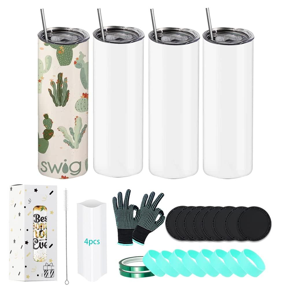 Merryjoy 4 Pack Sublimation Tumblers, Sublimation Tumblers 20 Oz Skinny With Insulated Wall, 20 Oz Sublimation Tumbler Skinny Straight With Silicone Band, Heat Resistant Tape, Gloves And Shrink Wrap