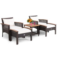 Tangkula 5 Pieces Wicker Patio Furniture Set, Patiojoy Outdoor Acacia Wood Cushioned Conversations Set With Ottomans And Storage Table, For Porch, Garden,Deck And Poolside (Off White)