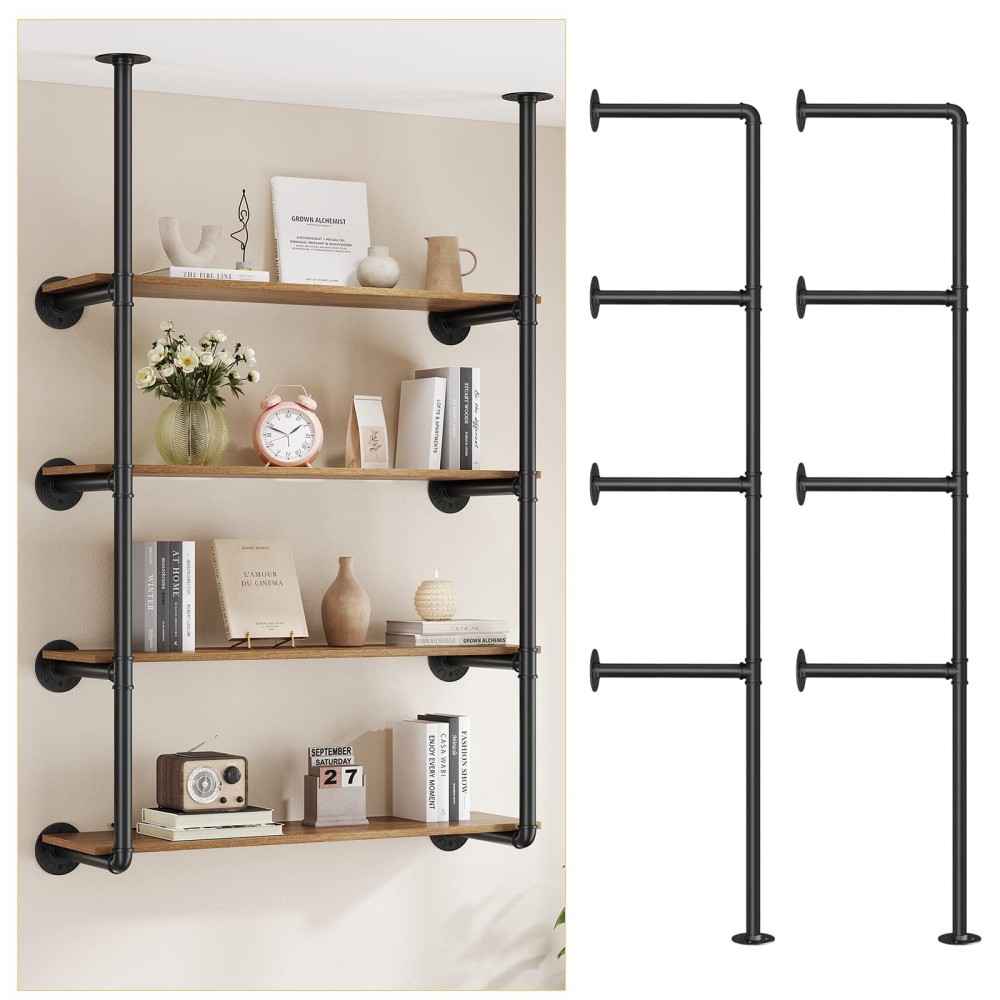 Pynsseu Industrial Iron Pipe Shelf Wall Mount, Farmhouse Diy Open Bookshelf, Pipe Shelves For Kitchen Bathroom, Bookcases Living Room Storage, (2Pack Of 4 Tier, 55