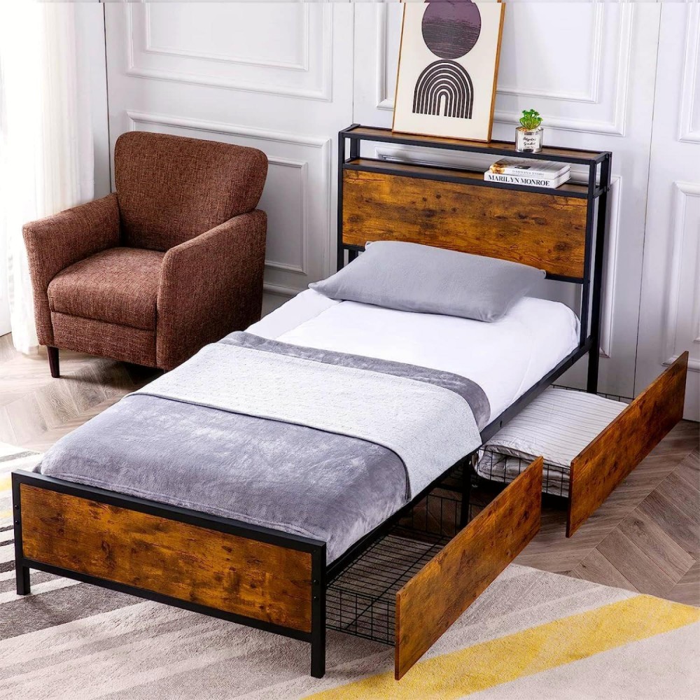 Gazhome Twin Bed Frame With 2 Xl Storage Drawers, Platform Bed Frame With 2-Tier Headboard, Strong Metal Slat Support/No Box Spring Needed/Easy Assembly/Space Saving