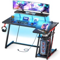 Motpk Gaming Desk With Led Lights & Power Outlets, 47 Inch L Shaped Gaming Computer Desk With Storage Shelf, Gamer Desk With Monitor Stand, Pc Gaming Table With Carbon Fiber Texture, Black