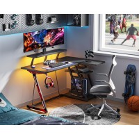 Motpk Gaming Desk With Led Lights & Power Outlets, 47 Inch L Shaped Gaming Computer Desk With Storage Shelf, Gamer Desk With Monitor Stand, Pc Gaming Table With Carbon Fiber Texture, Black