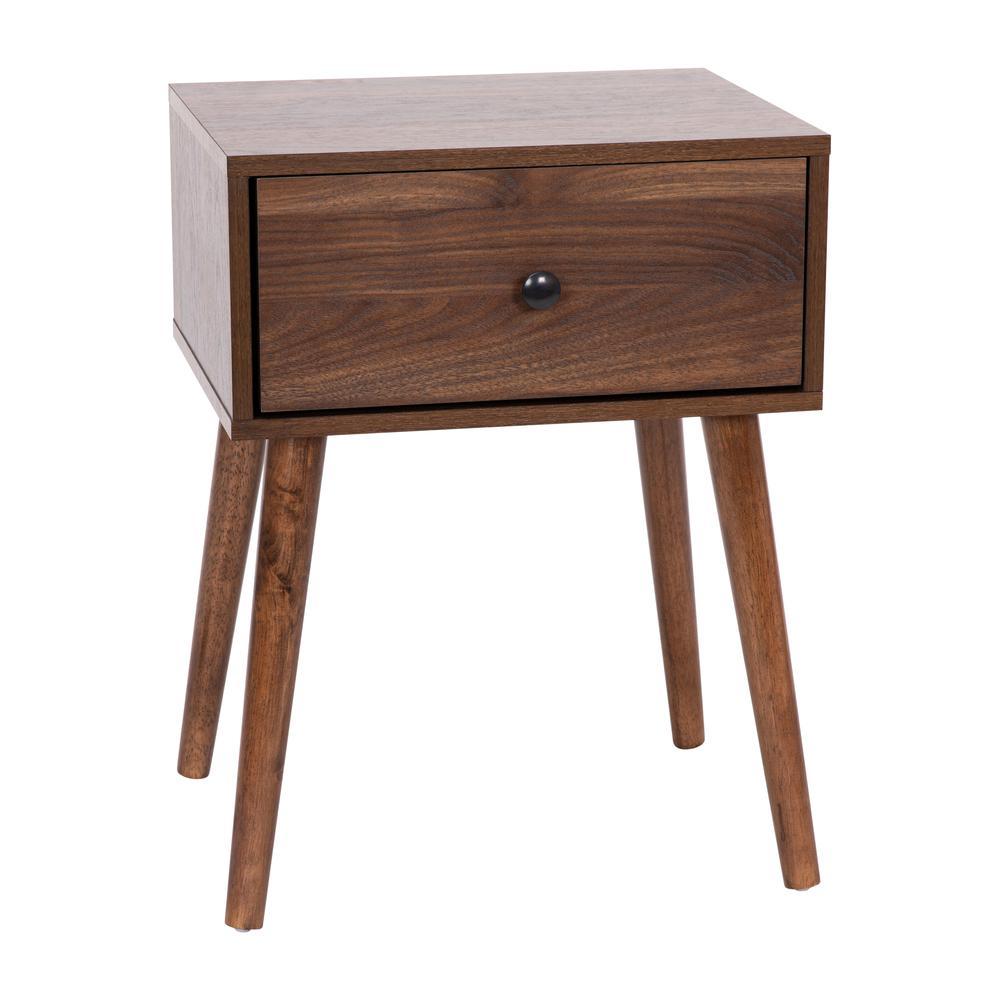 Hatfield Mid-Century Modern One Drawer Wood Nightstand  Side Accent Or End Table With Soft Close Storage Drawer  Dark Walnut