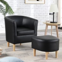 Dazone Accent Chair, Mid Century Modern Barrel Faux Leather Chair With Ottoman Comfy Armchair And Footrest Set, Upholstered Club Tub Round Arm Chair For Living Room Bedroom Reading Room Black (D7937)