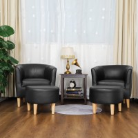 Dazone Accent Chairs Set Of 2 Mid Century Barrel Faux Leather Chair With Ottoman Comfy Armchair And Footrest Upholstered Club Tub Round Arms For Living Room Bedroom Reading Black, D79372