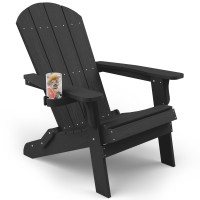 YEFU Adirondack Chair, Oversized Plastic Adirondack Chair Folding Outdoor Chairs with Cup Holder, Lawn Chair with Weather Resistant for Outside Deck Lawn Garden, Weight Capacity Up to 400 Lbs -Black