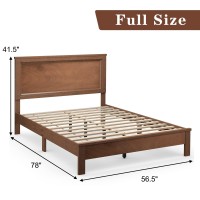 Komfott Wood Full Bed Frame With Headboard, Mid Century Platform Bed With Solid Wood Slats Support & Rubber Wood Legs, Slatted Bed Mattress Foundation, No Box Spring Needed, Easy Assembly