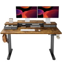 Ergear Electric Standing Desk With Double Drawers, 55X28 Inches Adjustable Height Sit Stand Up Desk, Home Office Desk Computer Workstation With Storage Shelf, Vintage Brown