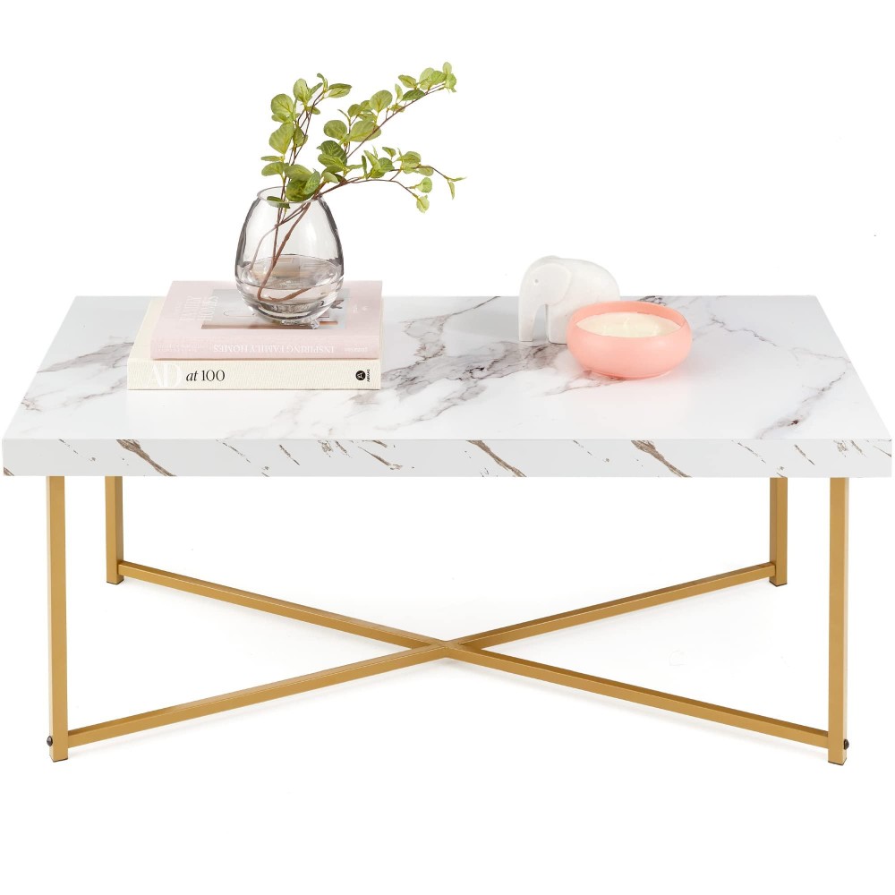 Best Choice Products 44In Rectangular Marble Coffee Table, X-Base Accent Table For Living Room, Dining Room, Home D?Cor W/Faux Marble Top - White/Bronze Gold