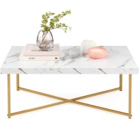 Best Choice Products 44In Rectangular Marble Coffee Table, X-Base Accent Table For Living Room, Dining Room, Home D?Cor W/Faux Marble Top - White/Bronze Gold