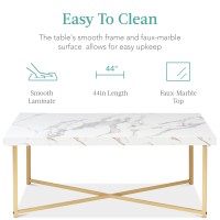 Best Choice Products 44In Rectangular Marble Coffee Table, X-Base Accent Table For Living Room, Dining Room, Home D?Cor W/Faux Marble Top - White/Bronze Gold