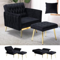 Acmease Velvet Accent Chair With Adjustable Armrests And Backrest, Button Tufted Lounge Chair, Single Recliner Armchair With Ottoman And Pillow For Living Room, Bedroom, Black 25.2D X 25W X 30H In