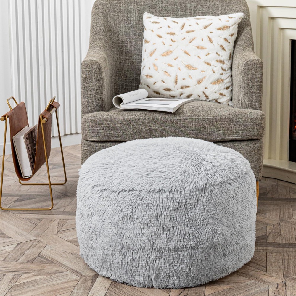 Asuprui Fur Ottoman Stool Unstuffed,Footstool Cover, Floor Pouf, Foot Rest(No Filler),20X20X12 Inches Round Poof Seat,Foldable Floor Chair Storage For Living Room, Bedroom (Misty Gray Pouf Cover)