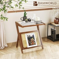 Bamworld Rattan Side Table Boho Nightstand Mid Century Modern End Table Glass Bedside Table Small End Tables Bamboo Coffee Table With Storage Record Player Stand For Living Room Bedroom