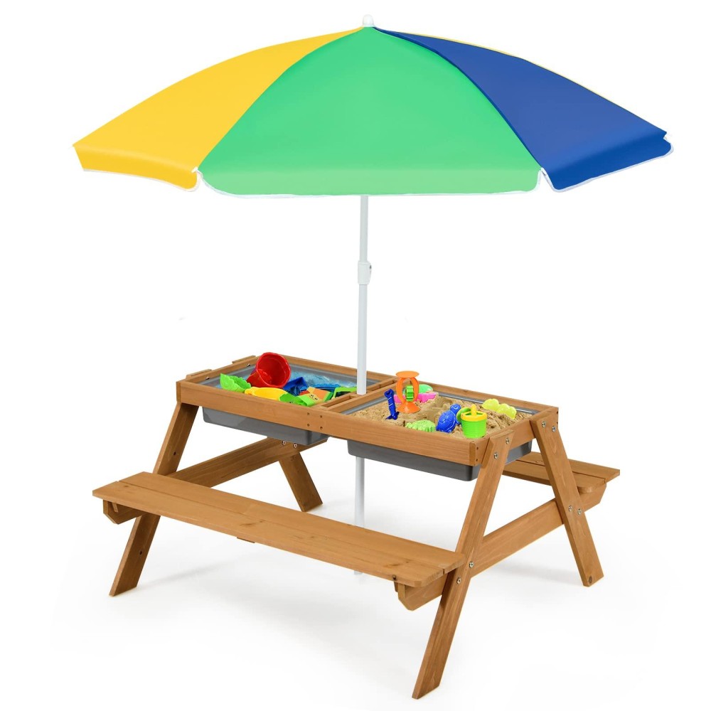 Costzon Kids Picnic Table, 3 In 1 Sand & Water Table W/Height Adjustable Umbrella, Removable Tabletop, Children Outdoor Toy Playset W/2 Play Boxes, Wooden Convertible Activity Table For Toddlers