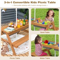 Costzon Kids Picnic Table, 3 In 1 Sand & Water Table W/Height Adjustable Umbrella, Removable Tabletop, Children Outdoor Toy Playset W/2 Play Boxes, Wooden Convertible Activity Table For Toddlers