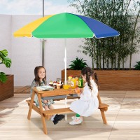 Costzon Kids Picnic Table, 3 In 1 Sand & Water Table W/Height Adjustable Umbrella, Removable Tabletop, Children Outdoor Toy Playset W/2 Play Boxes, Wooden Convertible Activity Table For Toddlers