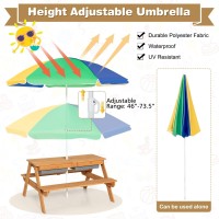 Costzon Kids Picnic Table, 3 In 1 Sand & Water Table W/Height Adjustable Umbrella, Removable Tabletop, Children Outdoor Toy Playset W/2 Play Boxes, Wooden Convertible Activity Table For Toddlers