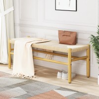 Recaceik Indoor Entryway Bench with Paper Cord Ottoman, Mid-Century Long Bench with Rubber Wood Legs, French Vanity End Bed Bench for Bedroom Living Room Channel