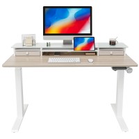 Fezibo 48 X 24 Inch Height Adjustable Glass Electric Standing Desk With Double Drawer, Stand Up Desk With Storage Shelf, Sit Stand Desk, Light Walnut