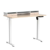 Fezibo 48 X 24 Inch Height Adjustable Glass Electric Standing Desk With Double Drawer, Stand Up Desk With Storage Shelf, Sit Stand Desk, Light Walnut