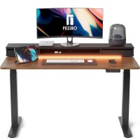 Fezibo 48 X 24 Inch Height Adjustable Electric Standing Desk With Double Drawers, Stand Up Desk With Led Strips, Sit Stand Desk With Monitor Stand, Blcak Walnut