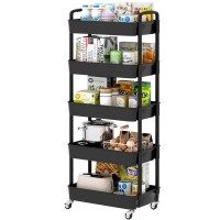 Sywhitta 5-Tier Plastic Rolling Utility Cart With Handle, Multi-Functional Storage Trolley For Office, Living Room, Kitchen, Movable Storage Organizer With Wheels, Black