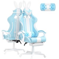 Ferghana Kawaii Light Blue Gaming Chair With Bunny Ears Ergonomic Cute Gamer Chair With Footrest And Massage Racing Reclining