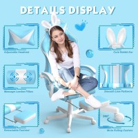 Ferghana Kawaii Light Blue Gaming Chair With Bunny Ears Ergonomic Cute Gamer Chair With Footrest And Massage Racing Reclining