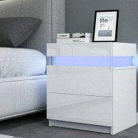 Tukailai Set Of 2 Modern Nightstand With Led Light, 2 Drawers High Gloss Chest Of Drawers Bedside Table Cabinet For Bedroom Living Room (White)