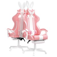 Ferghana Kawaii Pink Gaming Chair With Bunny Ears Ergonomic Cute Gamer Chair With Footrest And Massage Racing Reclining Leathe