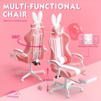 Ferghana Kawaii Pink Gaming Chair With Bunny Ears Ergonomic Cute Gamer Chair With Footrest And Massage Racing Reclining Leathe