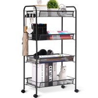 Toolf 4-Tier Rolling Cart, Metal Utility Cart With 3 Hooks, Easy Assemble Mobile Storage Trolley On Wheels, Metal Shelving Units Kitchen Bathroom Laundry Room